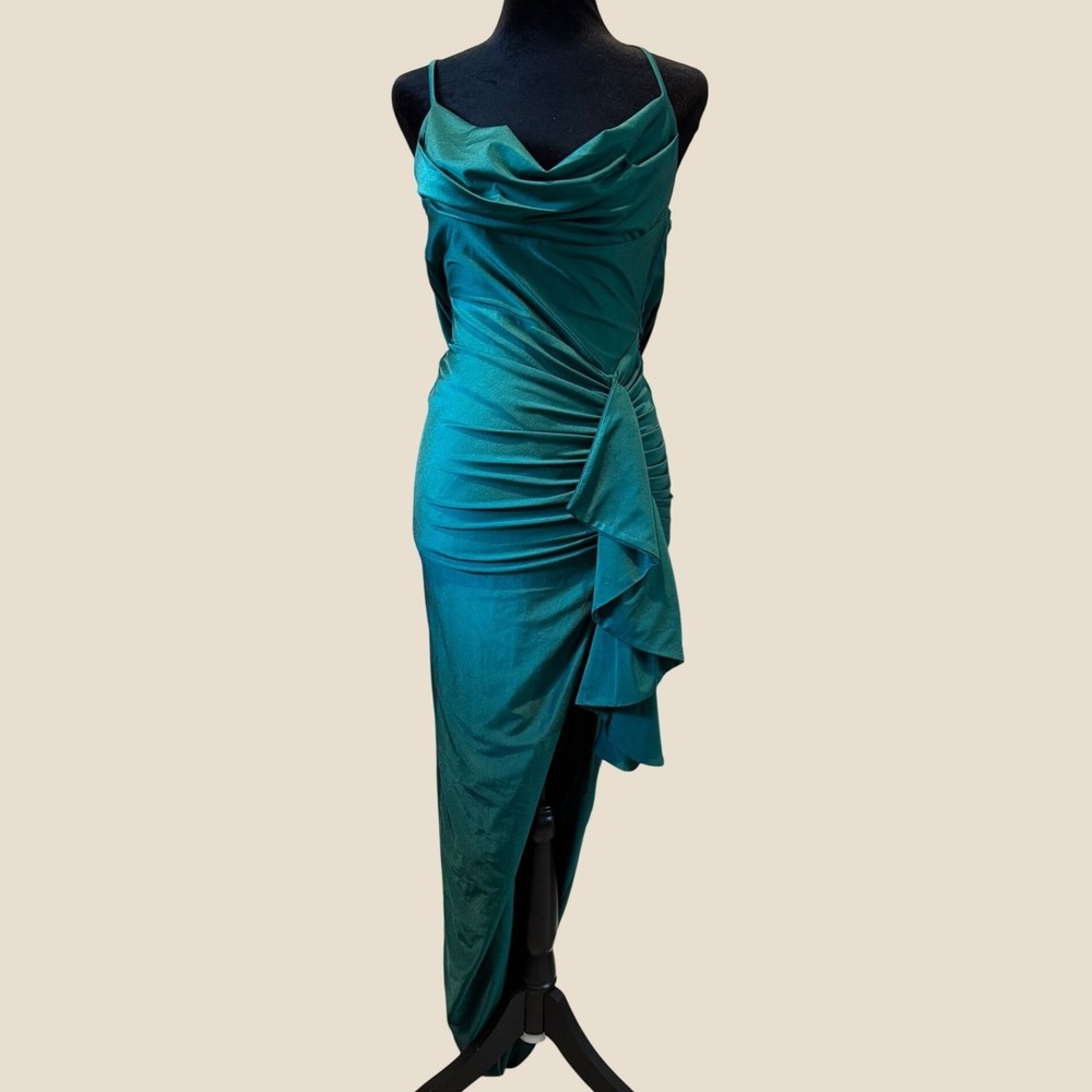 Windsor Emerald Green Cowl Neck Ruffle Front Slit Formal Maxi Dress Small C3250D